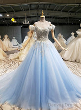 Sky Blue Tulle Off The Shoulder Beading Sequins Wedding Dress Prom Dress